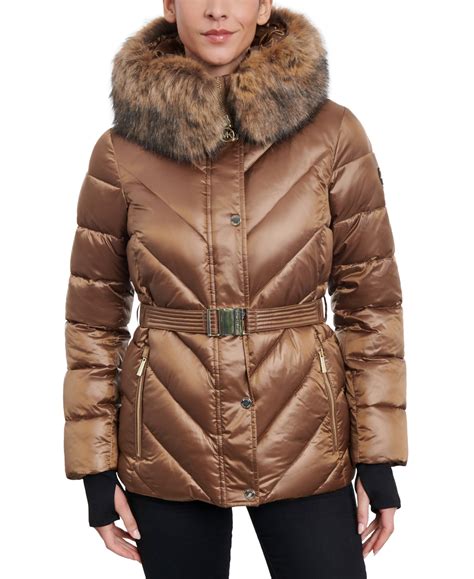 michael kors women's shine belted faux-fur-trim hooded puffer coat|Belted Puffer Coat .